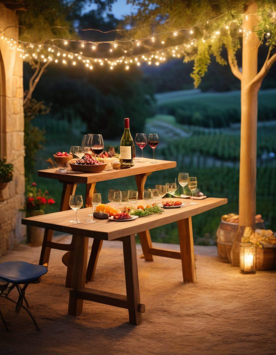 A beautifully set wine tasting table under twinkling fairy lights, with a diverse selection of exquisite wines and elegant glassware. Add colorful appetizers and a picturesque vineyard backdrop, radiating warmth and joy. Include happy friends clinking glasses and engaging in laughter, emphasizing a sense of togetherness. super-realistic. vibrant colors. warm lighting.