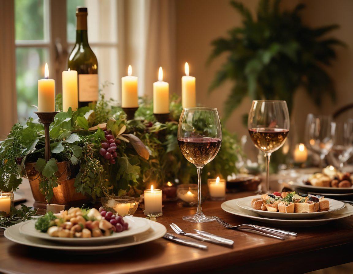 A beautifully set dining table adorned with elegant wine glasses, an array of exquisite wines, and gourmet appetizers. Soft ambient lighting creates a warm and inviting atmosphere, while a backdrop of friends clinking glasses in celebration captures the essence of joy. Include lush greenery and decorative candles for a touch of sophistication. vibrant colors. super-realistic. soft focus.