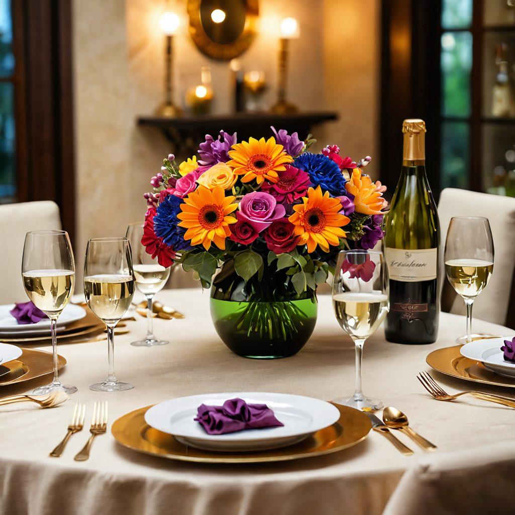 A cozy, elegantly set dining table adorned with vibrant floral centerpieces and sparkling wine glasses. In the background, a selection of beautifully arranged wine bottles, showcasing different colors and styles, hinting at various celebrations. Soft, warm lighting casts a golden glow, creating an inviting atmosphere. The scene captures a feeling of joy and togetherness, perfect for crafting blissful moments. super-realistic. vibrant colors. soft focus.